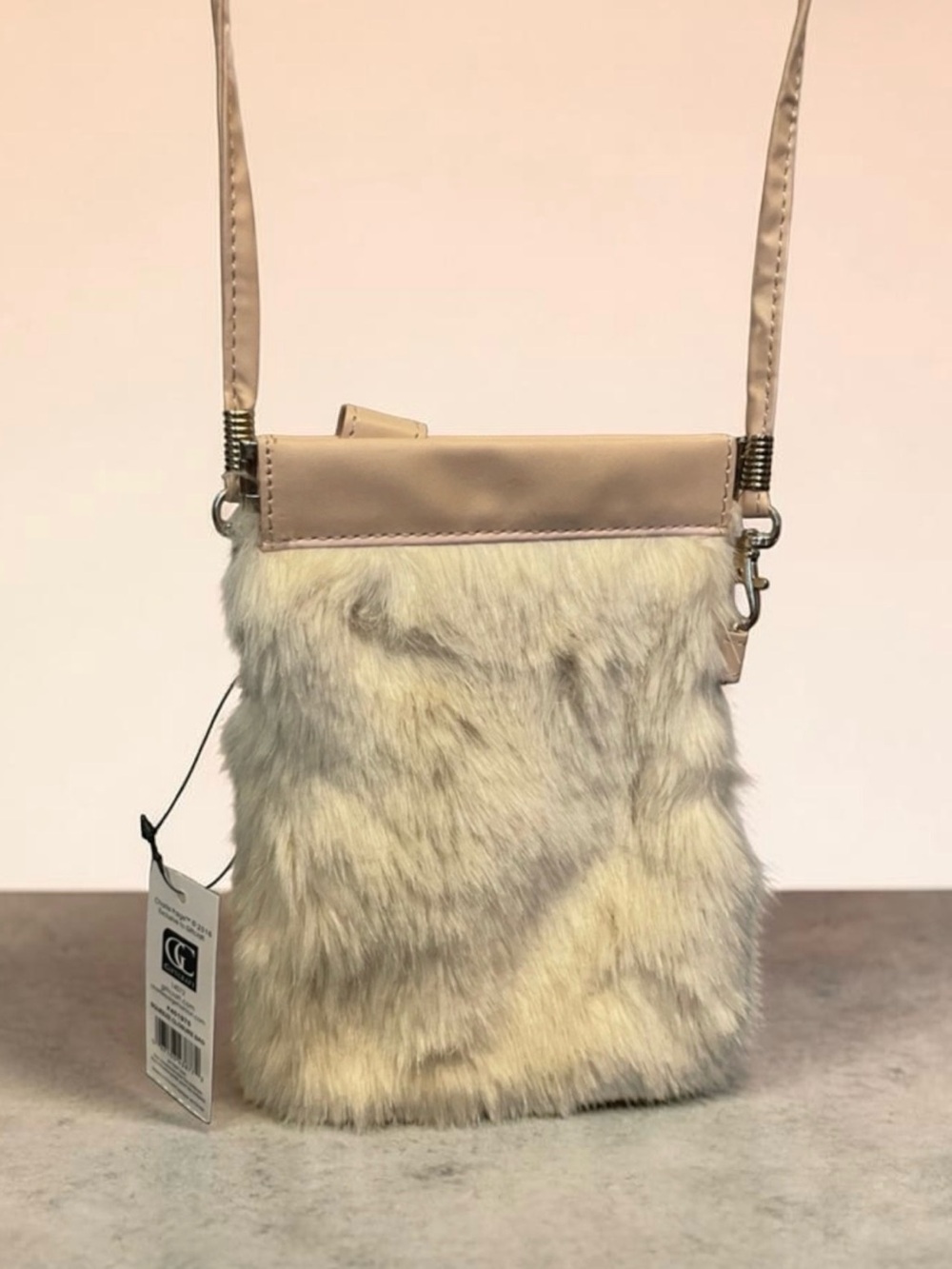 Faux Fur Crossbody Phone Bag in Pale Pink Beige Rose Gold